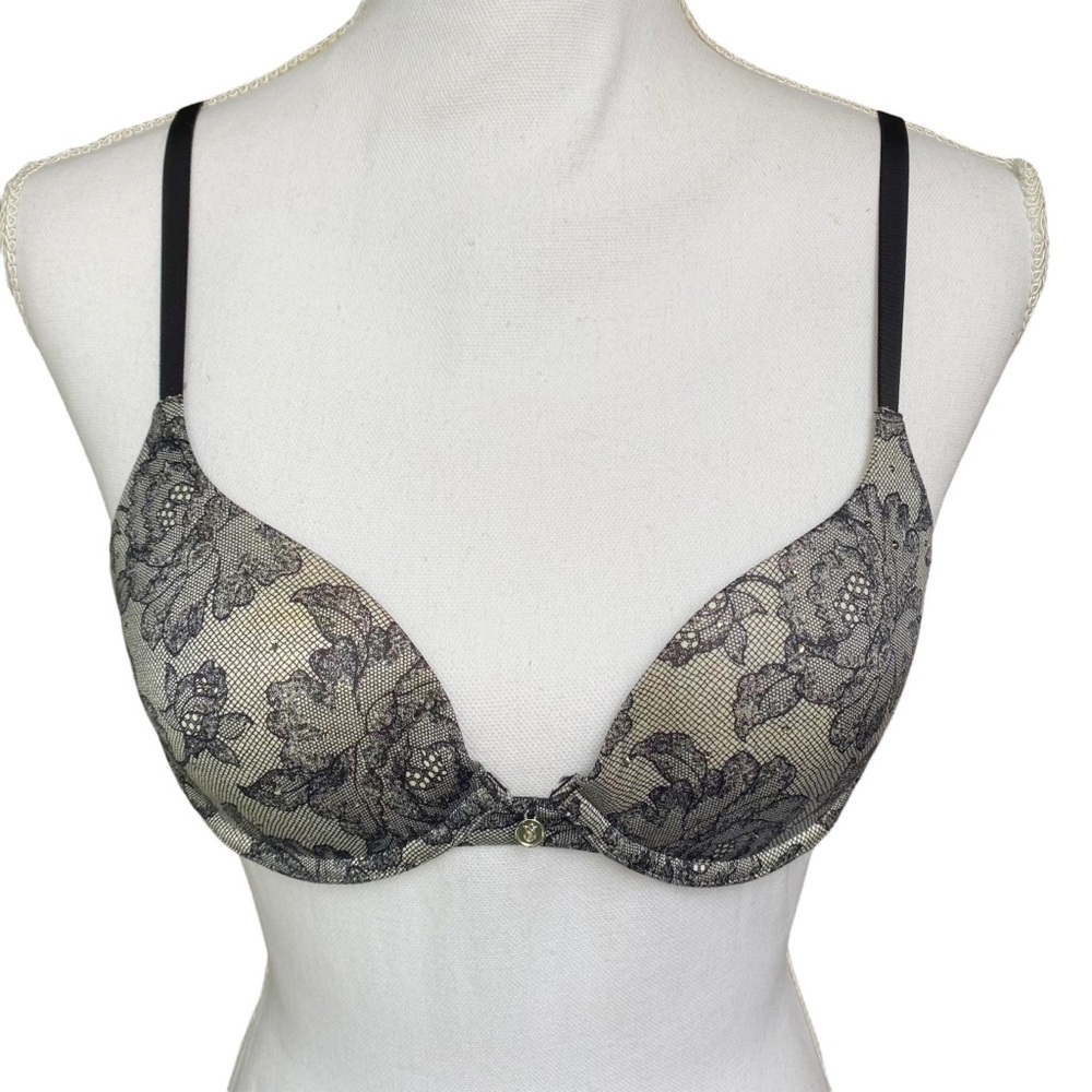 Victorias Secret Bra 34A Lace Demi Padded Push Up Rhinestones Sparkle Black